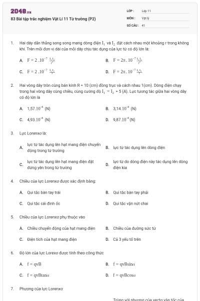 83 Bài tập trắc nghiệm Vật Lí 11 Từ trường (P2)