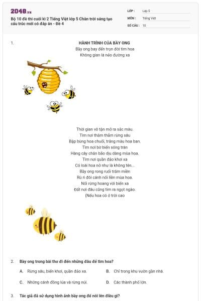 Bộ 10 đề thi cuối kì 2 Tiếng Việt lớp 5 Chân trời sáng tạo cấu trúc mới có đáp án - Đề 4