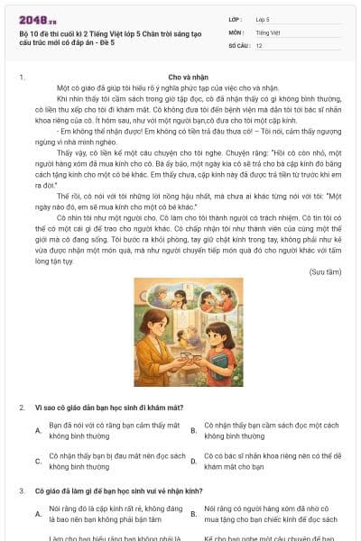 Bộ 10 đề thi cuối kì 2 Tiếng Việt lớp 5 Chân trời sáng tạo cấu trúc mới có đáp án - Đề 5