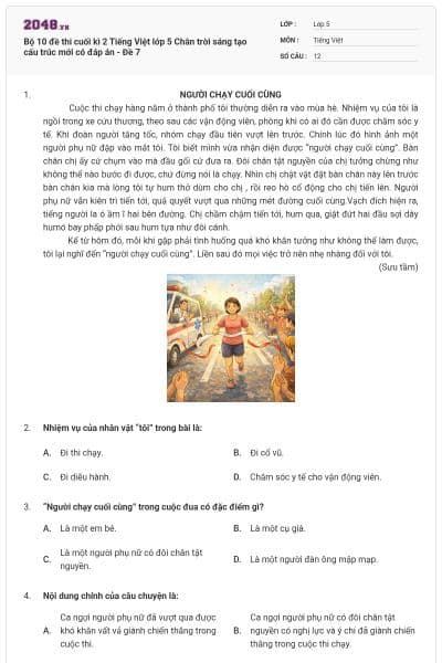 Bộ 10 đề thi cuối kì 2 Tiếng Việt lớp 5 Chân trời sáng tạo cấu trúc mới có đáp án - Đề 7