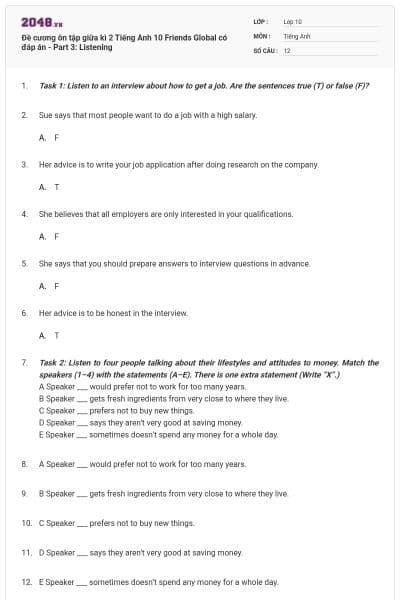 Đề cương ôn tập giữa kì 2 Tiếng Anh 10 Friends Global có đáp án - Part 3: Listening