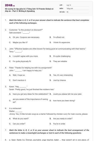 Đề cương ôn tập giữa kì 2 Tiếng Anh 10 Friends Global có đáp án - Part 4: Writing & Speaking