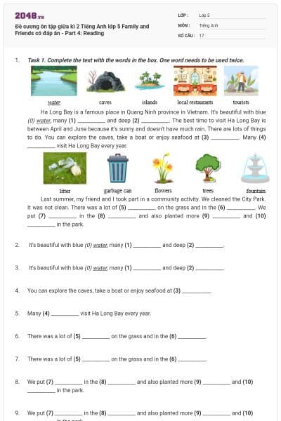 Đề cương ôn tập giữa kì 2 Tiếng Anh lớp 5 Family and Friends có đáp án - Part 4: Reading