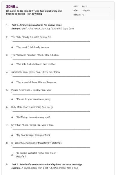 Đề cương ôn tập giữa kì 2 Tiếng Anh lớp 5 Family and Friends có đáp án - Part 5: Writing