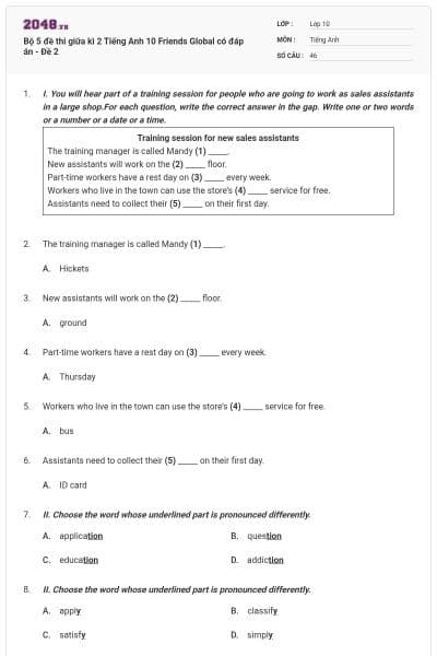 Bộ 5 đề thi giữa kì 2 Tiếng Anh 10 Friends Global có đáp án - Đề 2