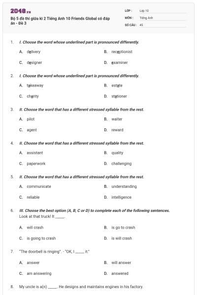 Bộ 5 đề thi giữa kì 2 Tiếng Anh 10 Friends Global có đáp án - Đề 3