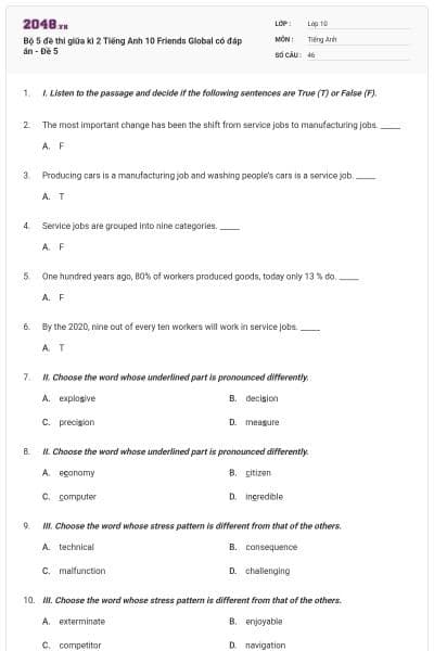 Bộ 5 đề thi giữa kì 2 Tiếng Anh 10 Friends Global có đáp án - Đề 5