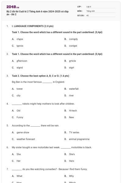 Bộ 2 đề thi Cuối kì 2 Tiếng Anh 6 năm 2024-2025 có đáp án - Đề 2