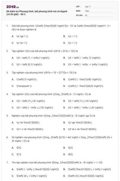 Đề kiểm tra Phương trình, bất phương trình mũ và lôgarit (có lời giải) - Đề 2