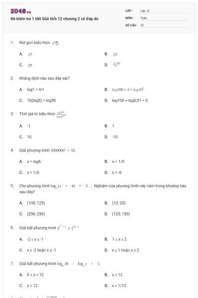 Đề kiểm tra 1 tiết Giải tích 12 chương 2 có đáp án
