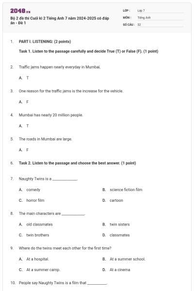 Bộ 2 đề thi Cuối kì 2 Tiếng Anh 7 năm 2024-2025 có đáp án - Đề 1