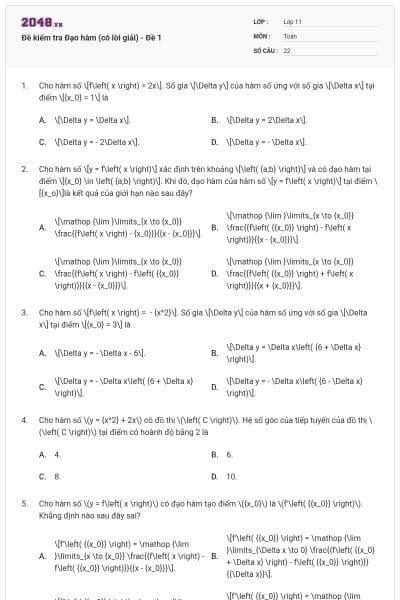 Đề kiểm tra Đạo hàm (có lời giải) - Đề 1