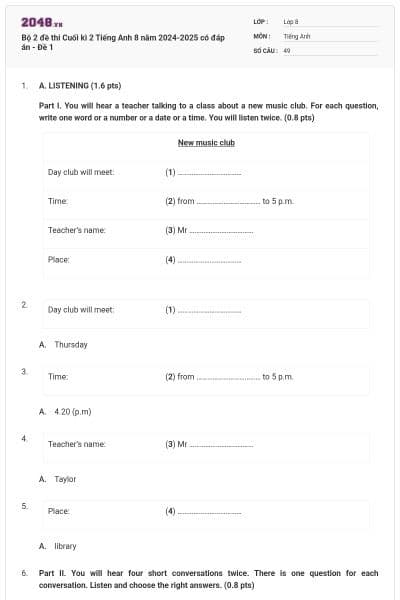 Bộ 2 đề thi Cuối kì 2 Tiếng Anh 8 năm 2024-2025 có đáp án - Đề 1