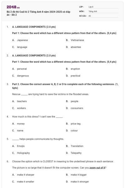 Bộ 2 đề thi Cuối kì 2 Tiếng Anh 8 năm 2024-2025 có đáp án - Đề 2