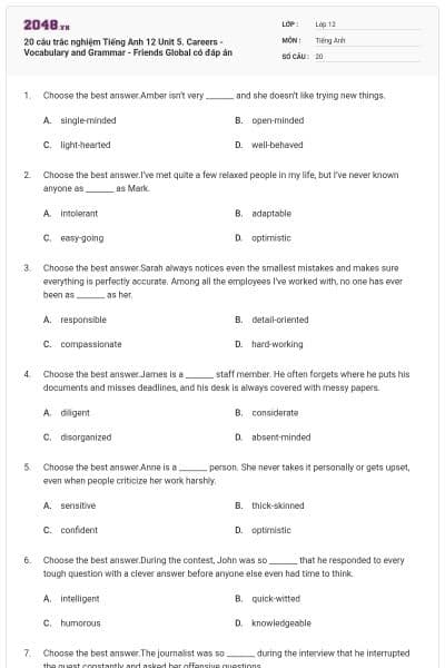 20 câu trắc nghiệm Tiếng Anh 12 Unit 5. Careers - Vocabulary and Grammar - Friends Global có đáp án