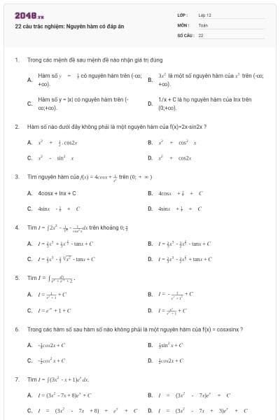 22 câu trắc nghiệm: Nguyên hàm có đáp án