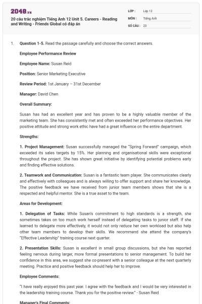 20 câu trắc nghiệm Tiếng Anh 12 Unit 5. Careers - Reading and Writing - Friends Global có đáp án