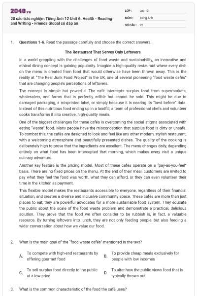 20 câu trắc nghiệm Tiếng Anh 12 Unit 6. Health - Reading and Writing - Friends Global có đáp án