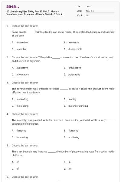 20 câu trắc nghiệm Tiếng Anh 12 Unit 7. Media - Vocabulary and Grammar - Friends Global có đáp án