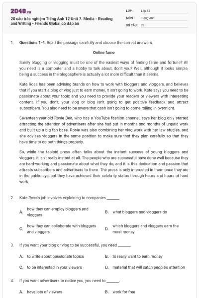 20 câu trắc nghiệm Tiếng Anh 12 Unit 7. Media - Reading and Writing - Friends Global có đáp án
