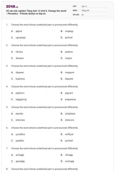 20 câu trắc nghiệm Tiếng Anh 12 Unit 8. Change the world - Phonetics - Friends Global có đáp án