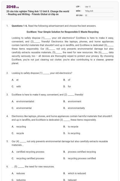 20 câu trắc nghiệm Tiếng Anh 12 Unit 8. Change the world - Reading and Writing - Friends Global có đáp án