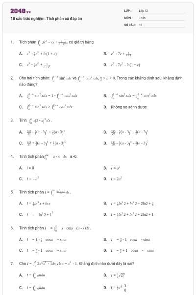 18 câu trắc nghiệm: Tích phân có đáp án