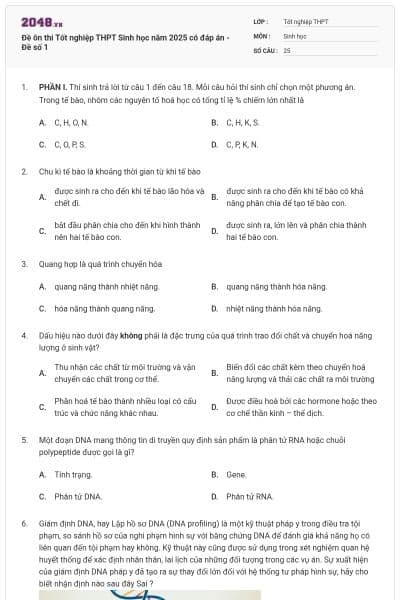 Đề ôn thi Tốt nghiệp THPT Sinh học năm 2025 có đáp án - Đề số 1