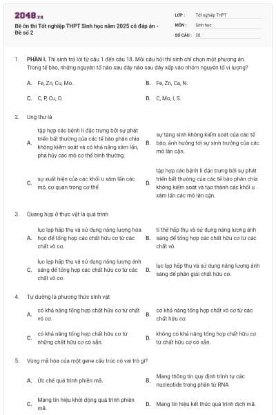 Đề ôn thi Tốt nghiệp THPT Sinh học năm 2025 có đáp án - Đề số 2
