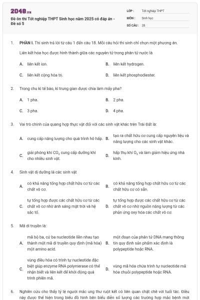 Đề ôn thi Tốt nghiệp THPT Sinh học năm 2025 có đáp án - Đề số 5