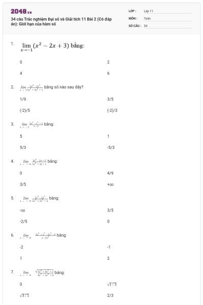 34 câu Trắc nghiệm Đại số và Giải tích 11 Bài 2 (Có đáp án): Giới hạn của hàm số