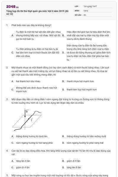Tổng hợp đề thi thử thpt quốc gia môn Vật lí năm 2019 (đề số 12)