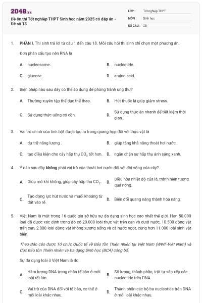 Đề ôn thi Tốt nghiệp THPT Sinh học năm 2025 có đáp án - Đề số 18