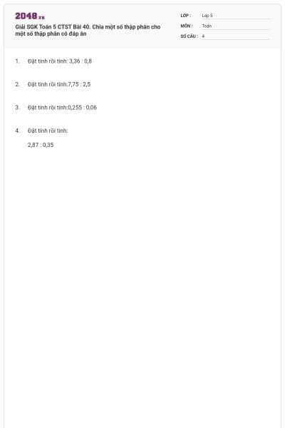Giải SGK Toán 5 CTST Bài 40. Chia một số thập phân cho một số thập phân có đáp án