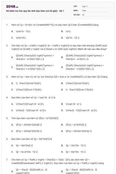 Đề kiểm tra Các quy tắc tính đạo hàm (có lời giải) - Đề 1