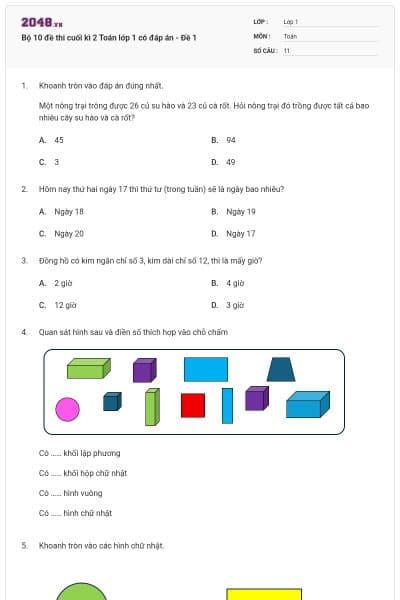 Bộ 10 đề thi cuối kì 2 Toán lớp 1 có đáp án - Đề 1
