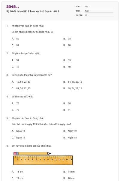 Bộ 10 đề thi cuối kì 2 Toán lớp 1 có đáp án - Đề 3