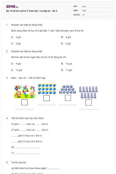 Bộ 10 đề thi cuối kì 2 Toán lớp 1 có đáp án - Đề 4