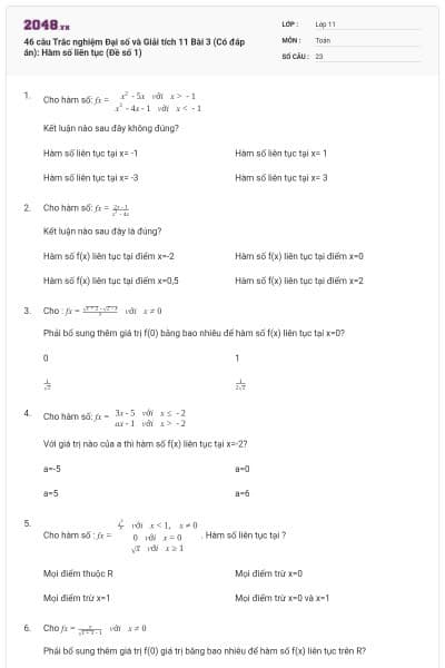 46 câu Trắc nghiệm Đại số và Giải tích 11 Bài 3 (Có đáp án): Hàm số liên tục (Đề số 1)