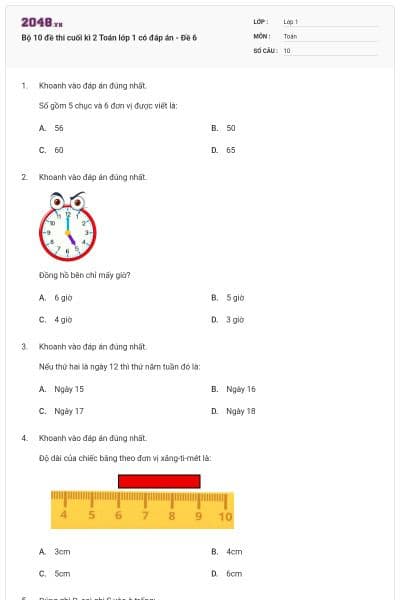 Bộ 10 đề thi cuối kì 2 Toán lớp 1 có đáp án - Đề 6