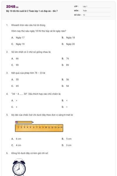 Bộ 10 đề thi cuối kì 2 Toán lớp 1 có đáp án - Đề 7