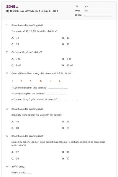 Bộ 10 đề thi cuối kì 2 Toán lớp 1 có đáp án - Đề 8