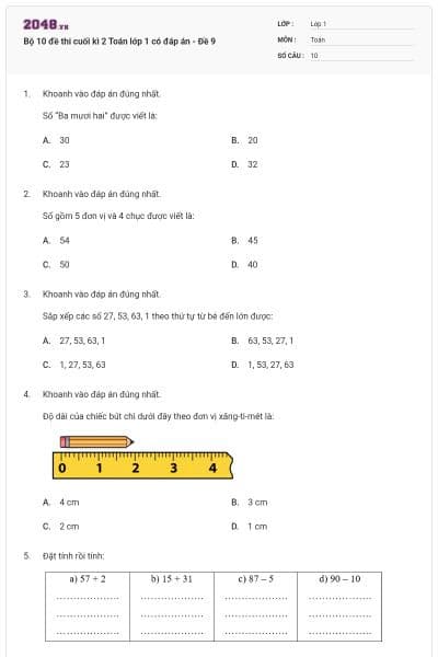Bộ 10 đề thi cuối kì 2 Toán lớp 1 có đáp án - Đề 9