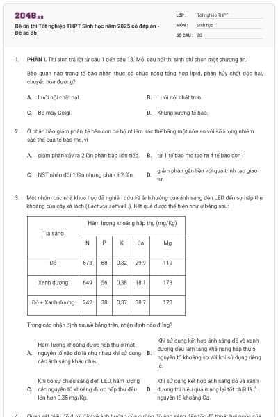 Đề ôn thi Tốt nghiệp THPT Sinh học năm 2025 có đáp án - Đề số 35