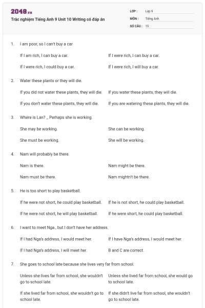 Trắc nghiệm Tiếng Anh 9 Unit 10 Writing có đáp án