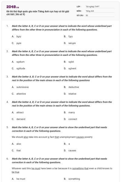 Đề thi thử thpt quốc gia môn Tiếng Anh cực hay có lời giải chi tiết ( Đề số 9)