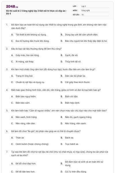 Đề thi cuối kì 2 Công nghệ lớp 3 Kết nối tri thức có đáp án - Đề 4