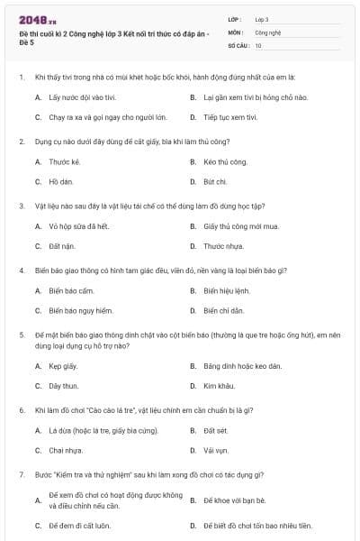 Đề thi cuối kì 2 Công nghệ lớp 3 Kết nối tri thức có đáp án - Đề 5