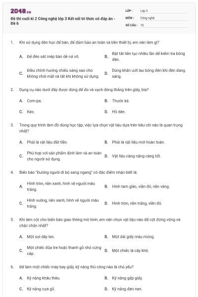 Đề thi cuối kì 2 Công nghệ lớp 3 Kết nối tri thức có đáp án - Đề 6
