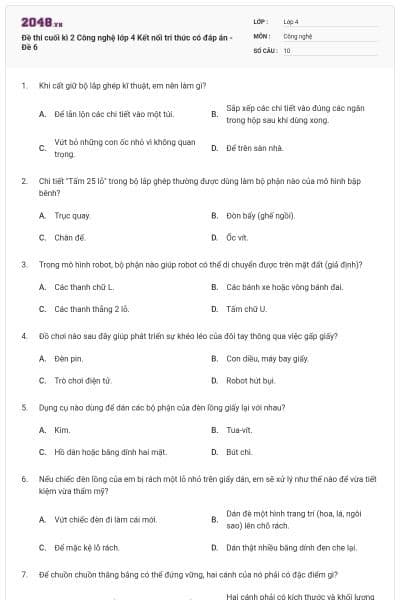 Đề thi cuối kì 2 Công nghệ lớp 4 Kết nối tri thức có đáp án - Đề 6